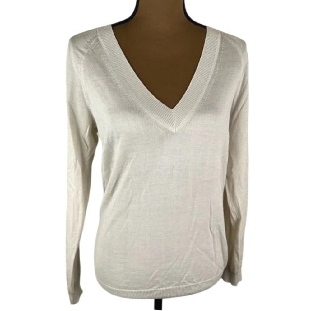 St John Cream Light Weight Wool Blend V-Neck Preppy Sweater Petite Minimalist